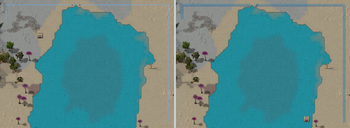 Two Factorio screenshots of a lake. Left: a thin preview line runs around the top and right of the lake. Right: the same route placed as belt ghosts, crossing the inlet at the top underground.